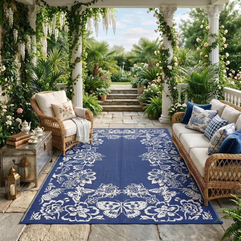 Garvee 5’x8’ navy and white outdoor rug on patio, waterproof and easy to clean.