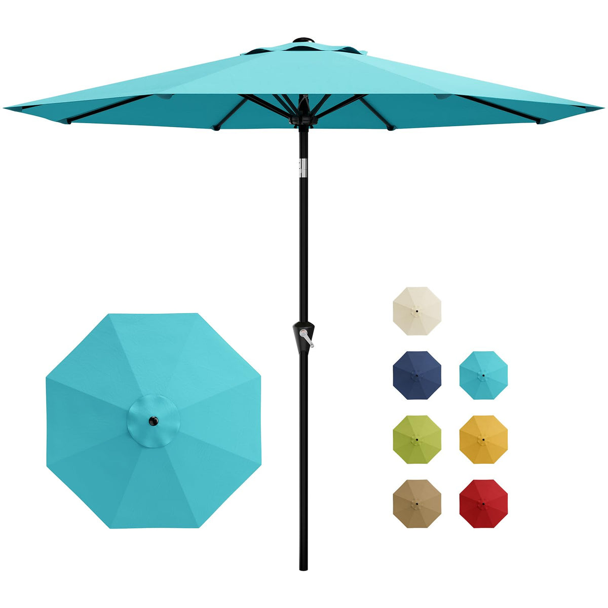 Garvee 9ft umbrella shown with open crank delivering easy shade for outdoor dining.