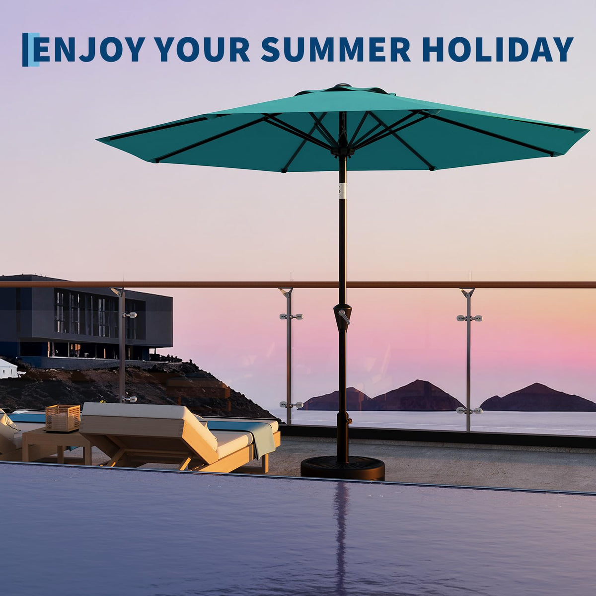 Garvee poolside setup shows versatile shade for decks and yards.