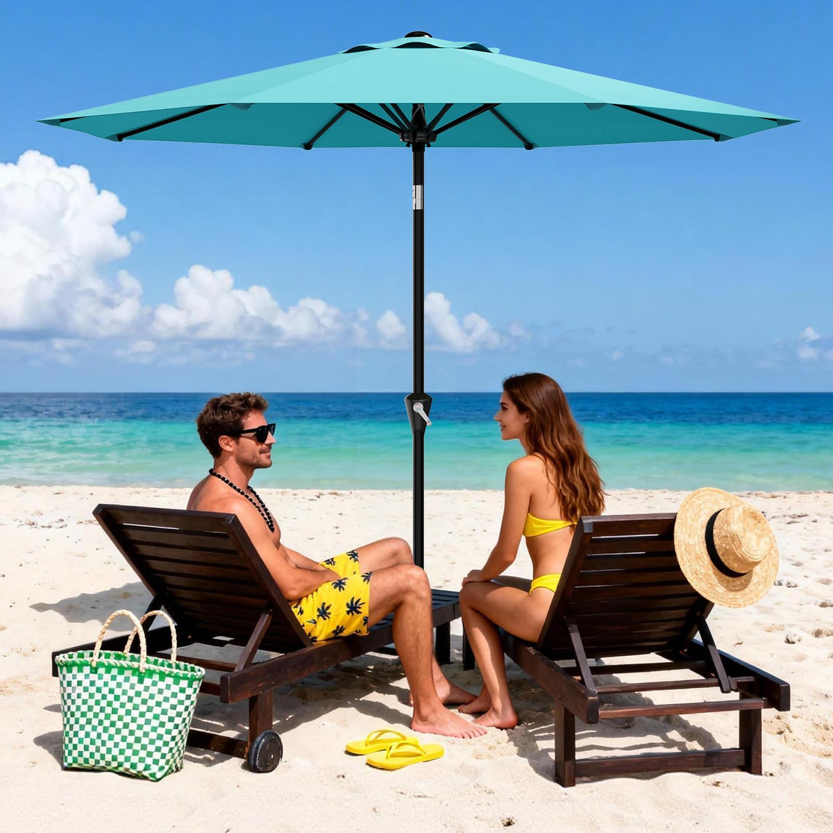 Garvee 9ft tilt-adjustment highlights versatile sun relief for seating areas.