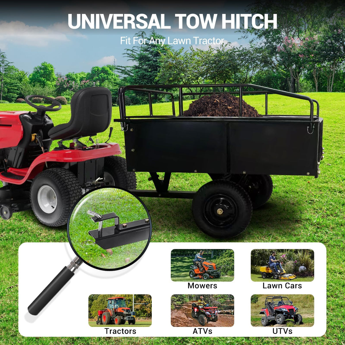Garvee ATV/UTV-ready trailer suitable for lawn care and garden work.