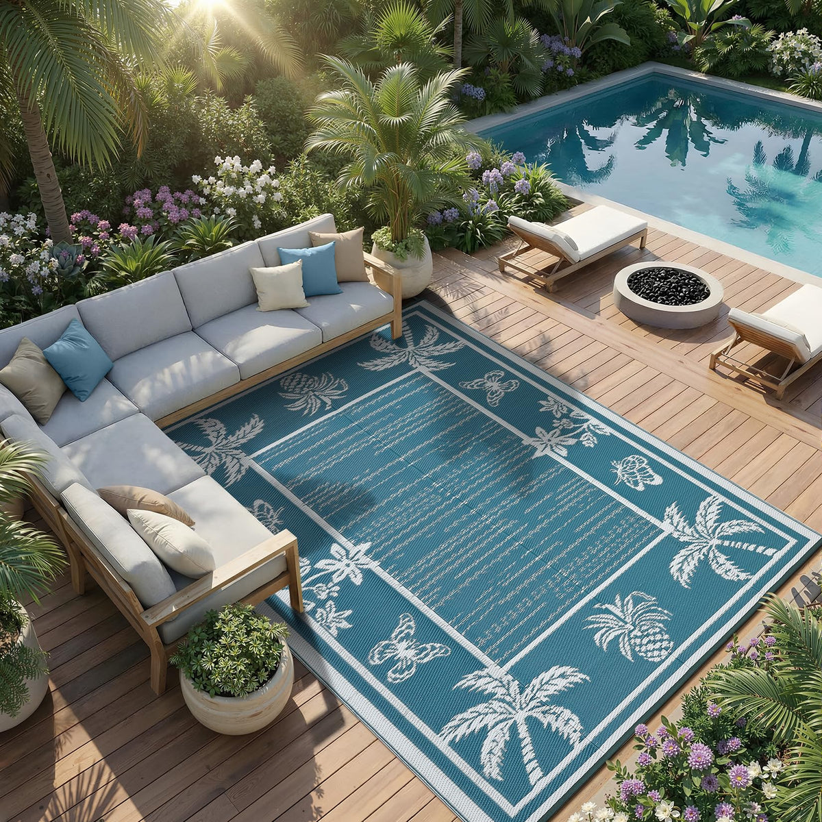 Garvee blue and white leaf outdoor rug, stylish patio decor