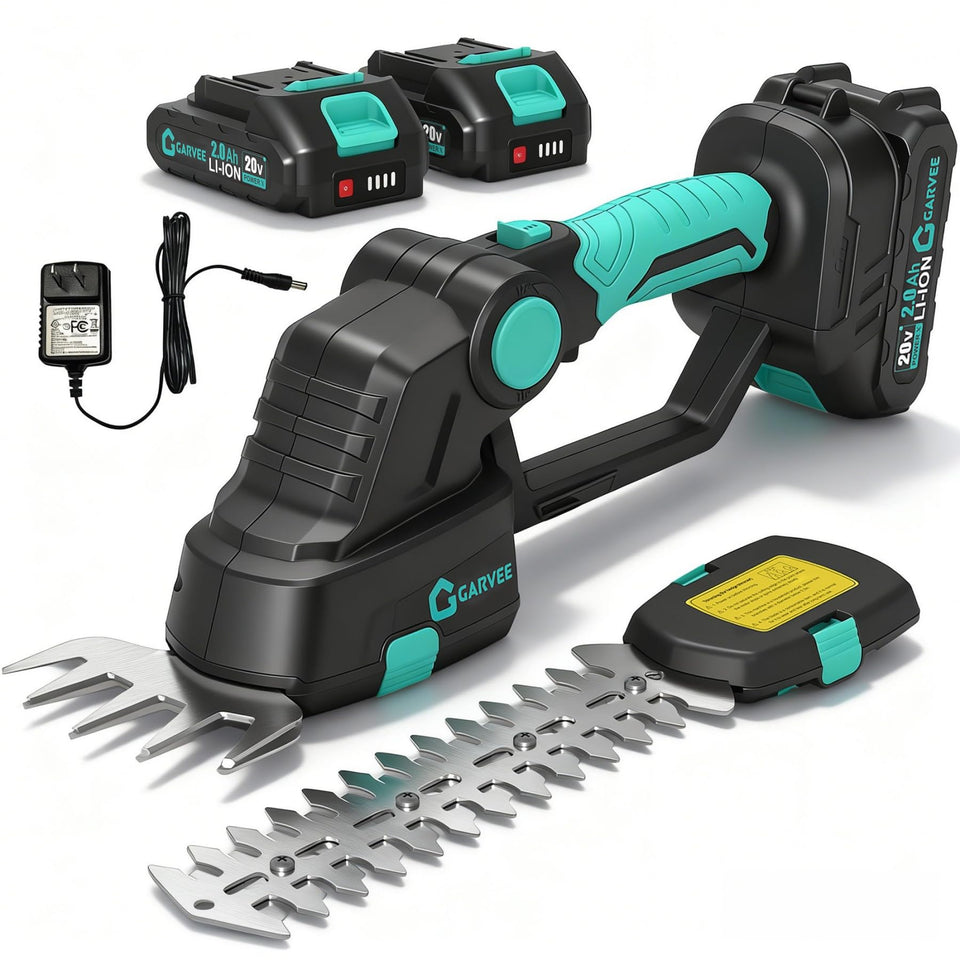 Garvee cordless hedge trimmer long blade for precise hedge shaping.