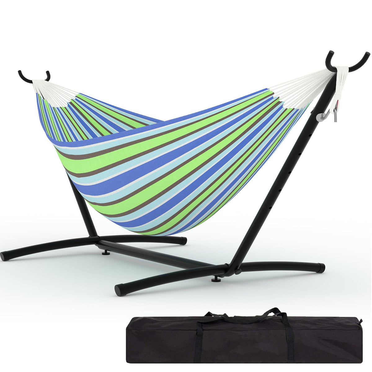 Garvee two-person hammock with stand outdoors for family-friendly patio lounging