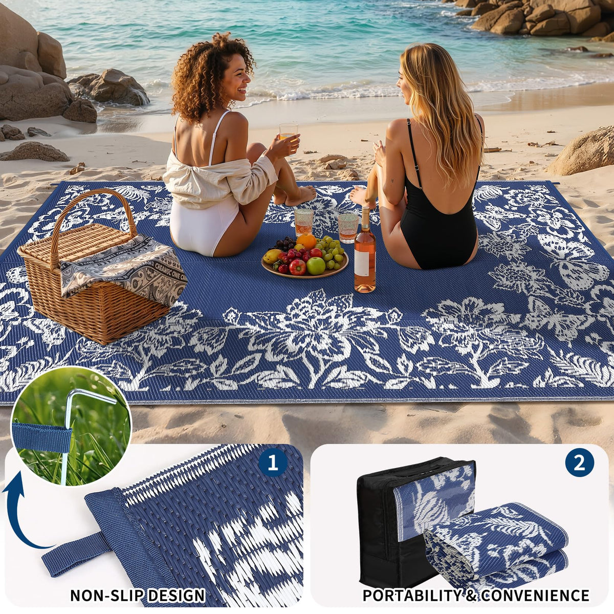 Garvee lightweight outdoor rug rolled on grass, ideal for picnics and travel.