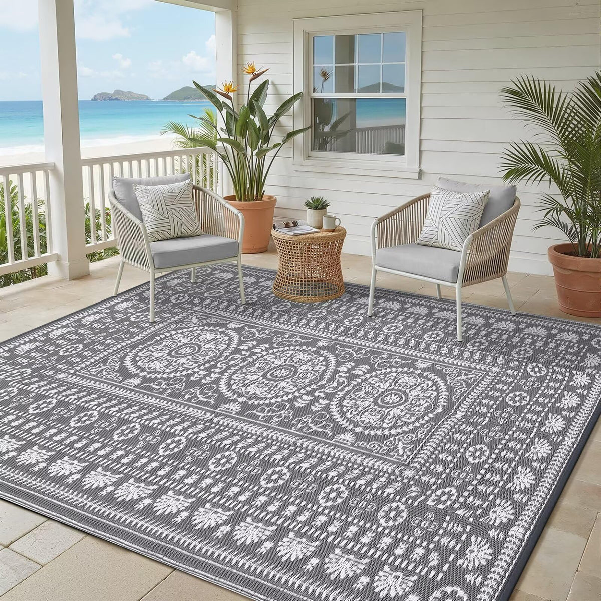 Garvee medallion rug adds Vintage Grey vibes to porches and decks.