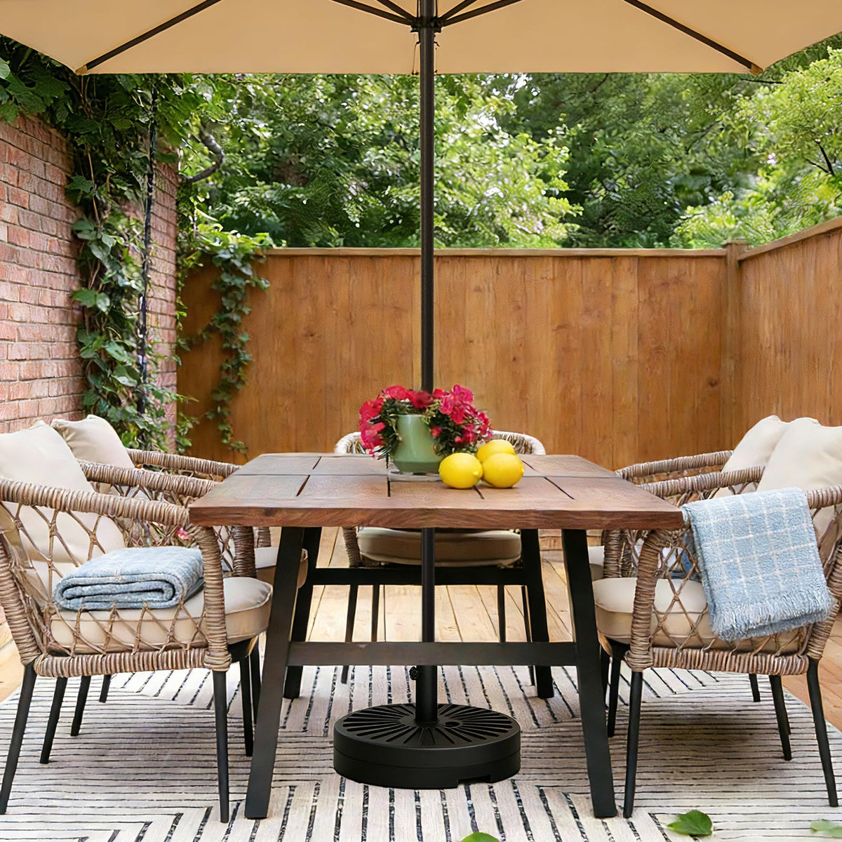 Garvee ribbed-pattern base design blends with patio decor while supporting umbrellas