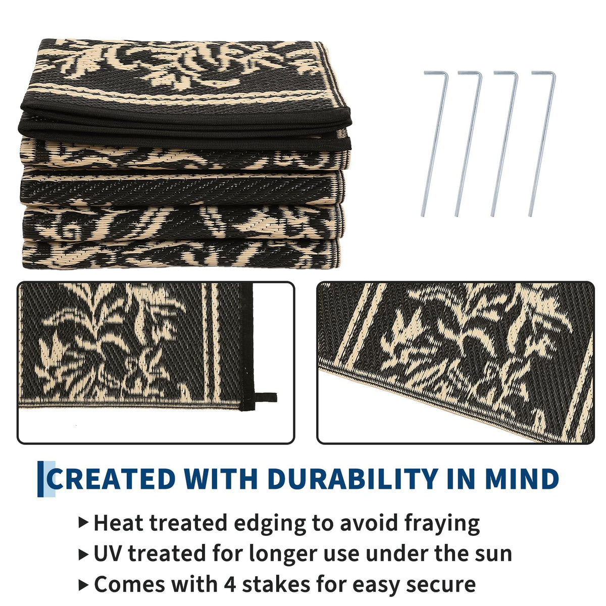 Includes four stakes and a storage bag for stability with Garvee rug.