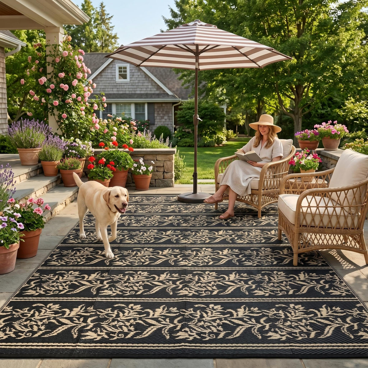 Garvee outdoor rug with reversible boho leaf pattern for patios and decks.