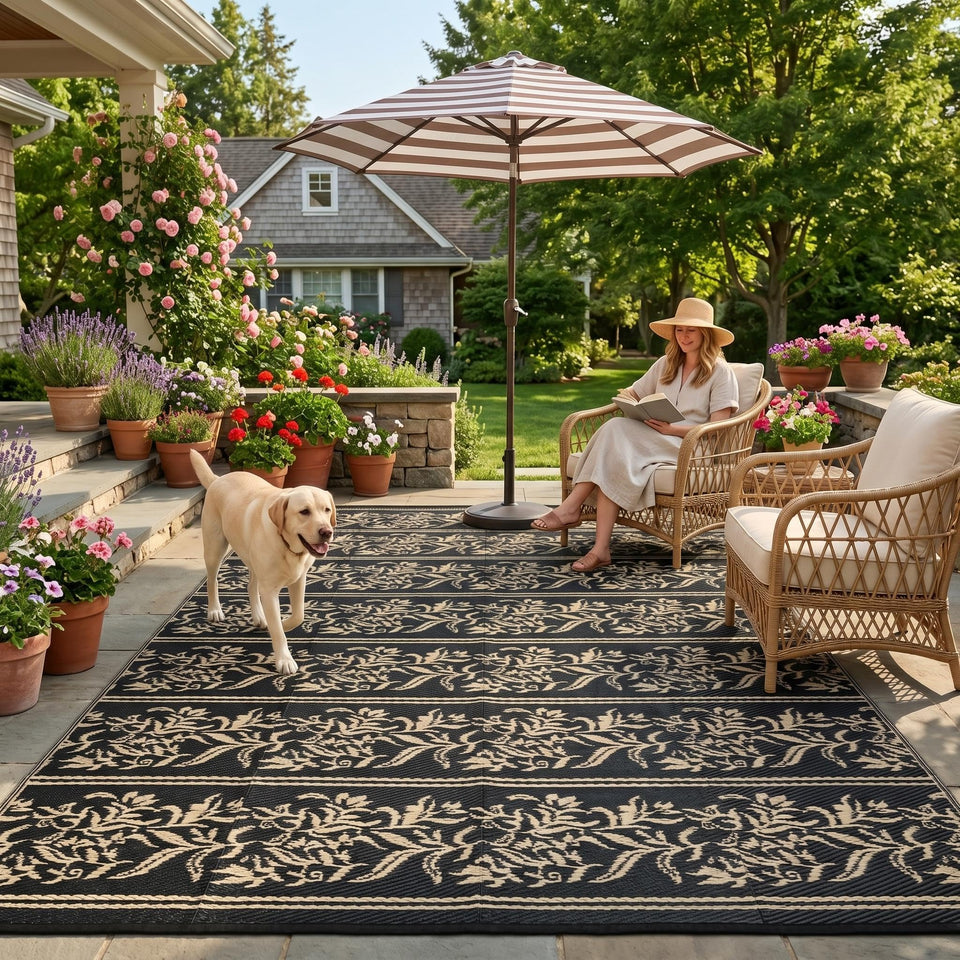 Garvee outdoor rug with reversible boho leaf pattern for patios and decks.