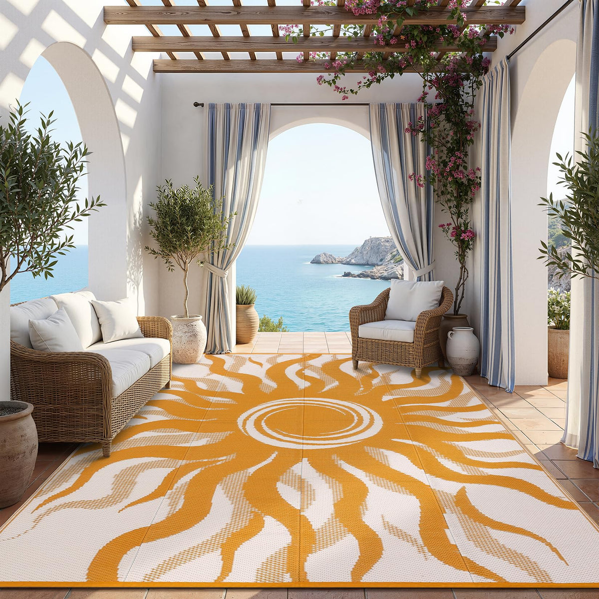 Garvee outdoor rug 5x8 soft plastic straw texture feels comfortable underfoot on grass.