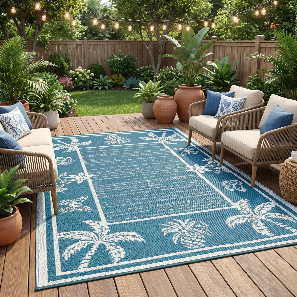 Garvee Outdoor Rug 5x8 with tropical leaf pattern, waterproof and hose-cleanable