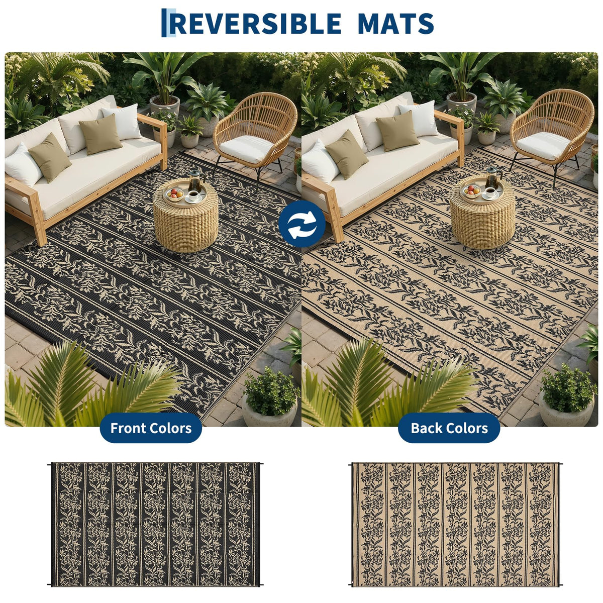 Garvee outdoor rug features UV protection to resist sun fading.