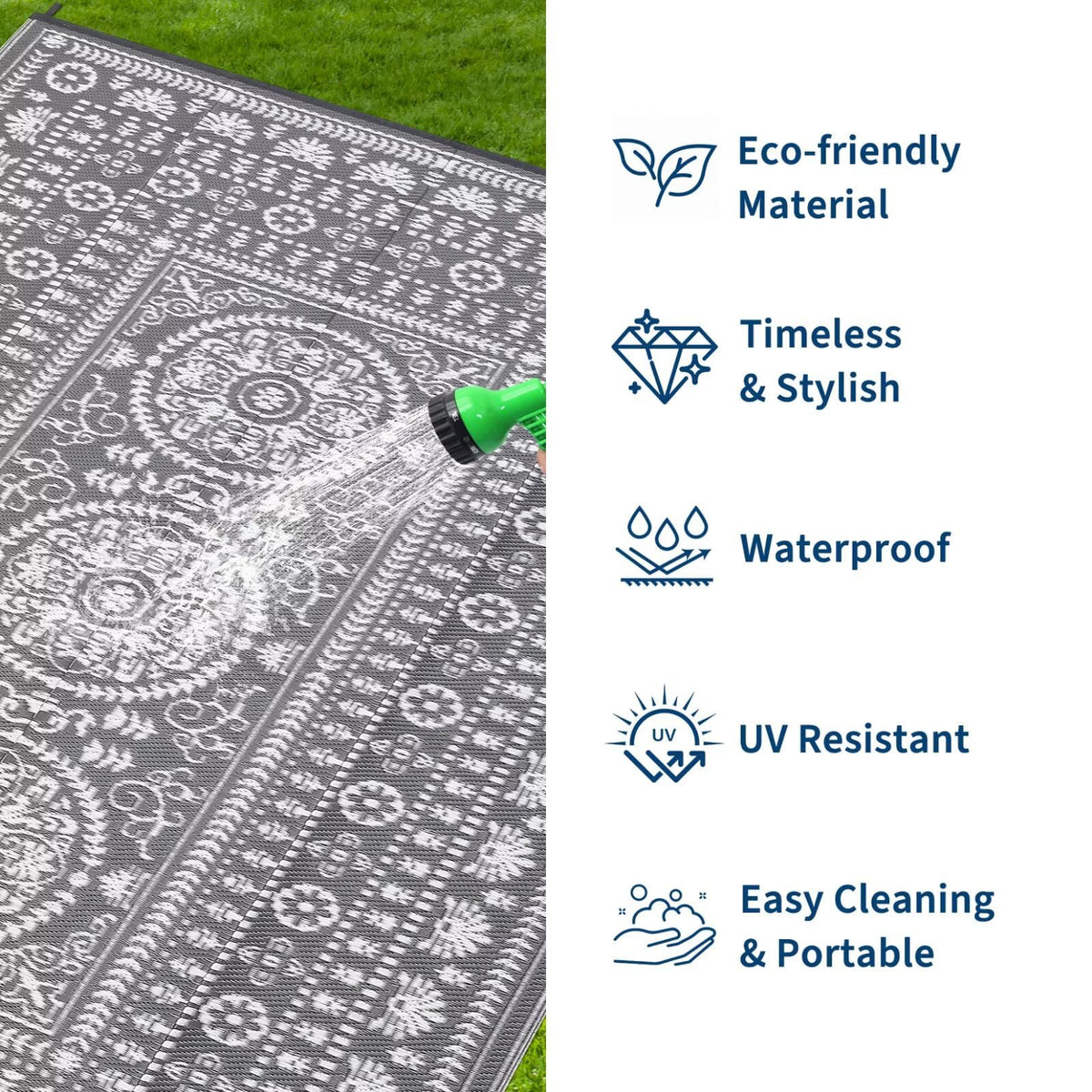 Garvee outdoor rug 5x8 displays durable pattern resistant to fading in sun.