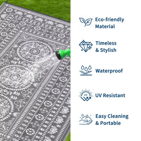 Garvee outdoor rug 5x8 displays durable pattern resistant to fading in sun.