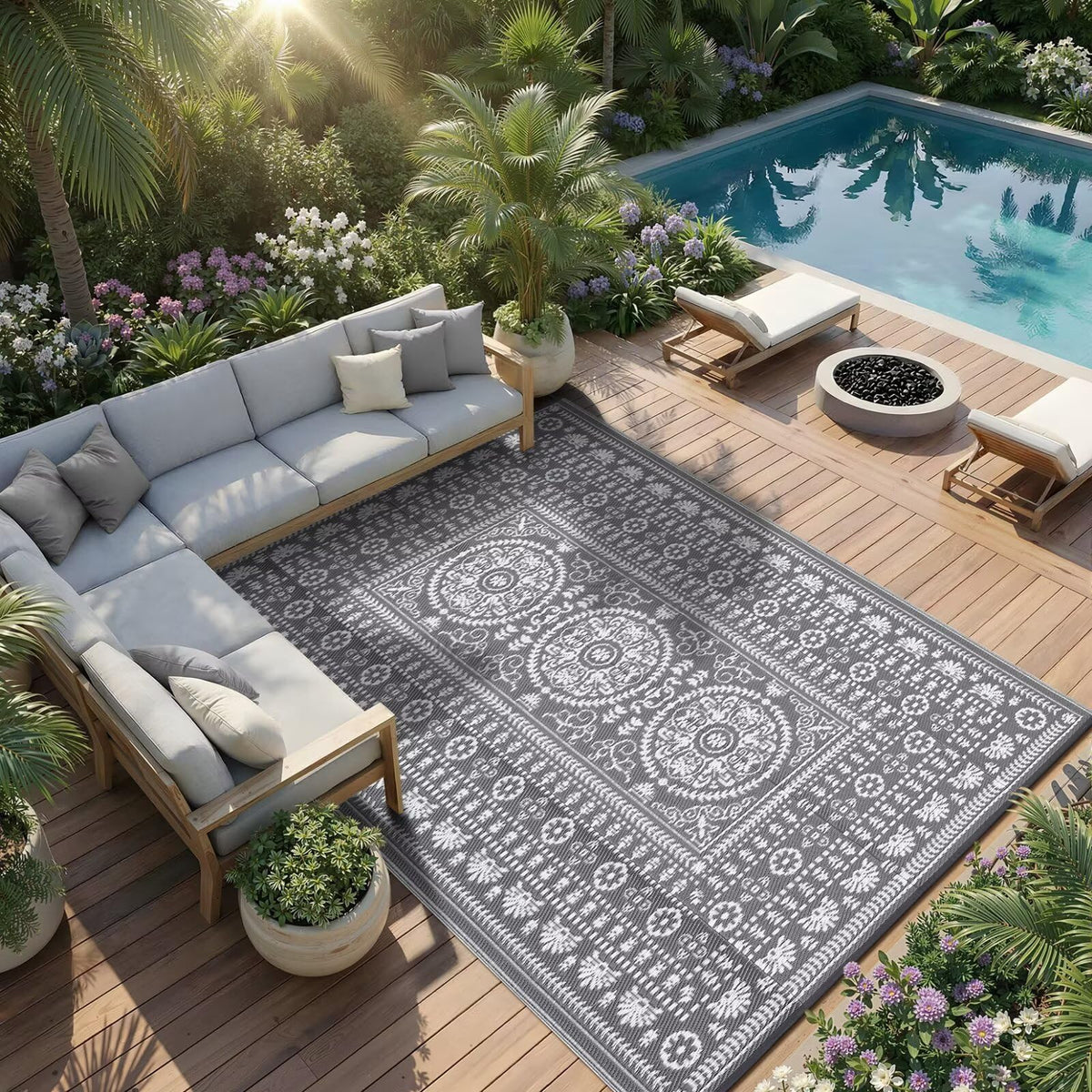 Garvee 5x8 rug is UV-protected to maintain color under sun.
