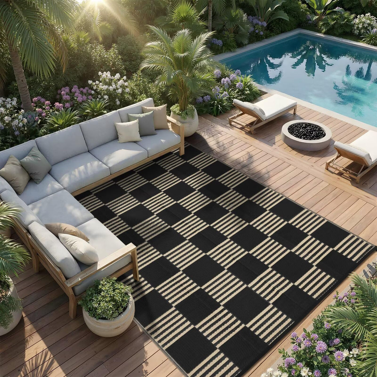 Garvee picnic outdoor rug, dries quickly after spills.