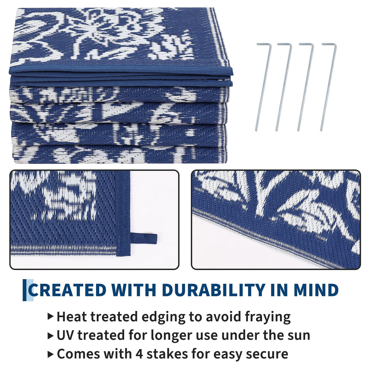 Garvee reversible geometric rug in navy and white, stylish patio upgrade.