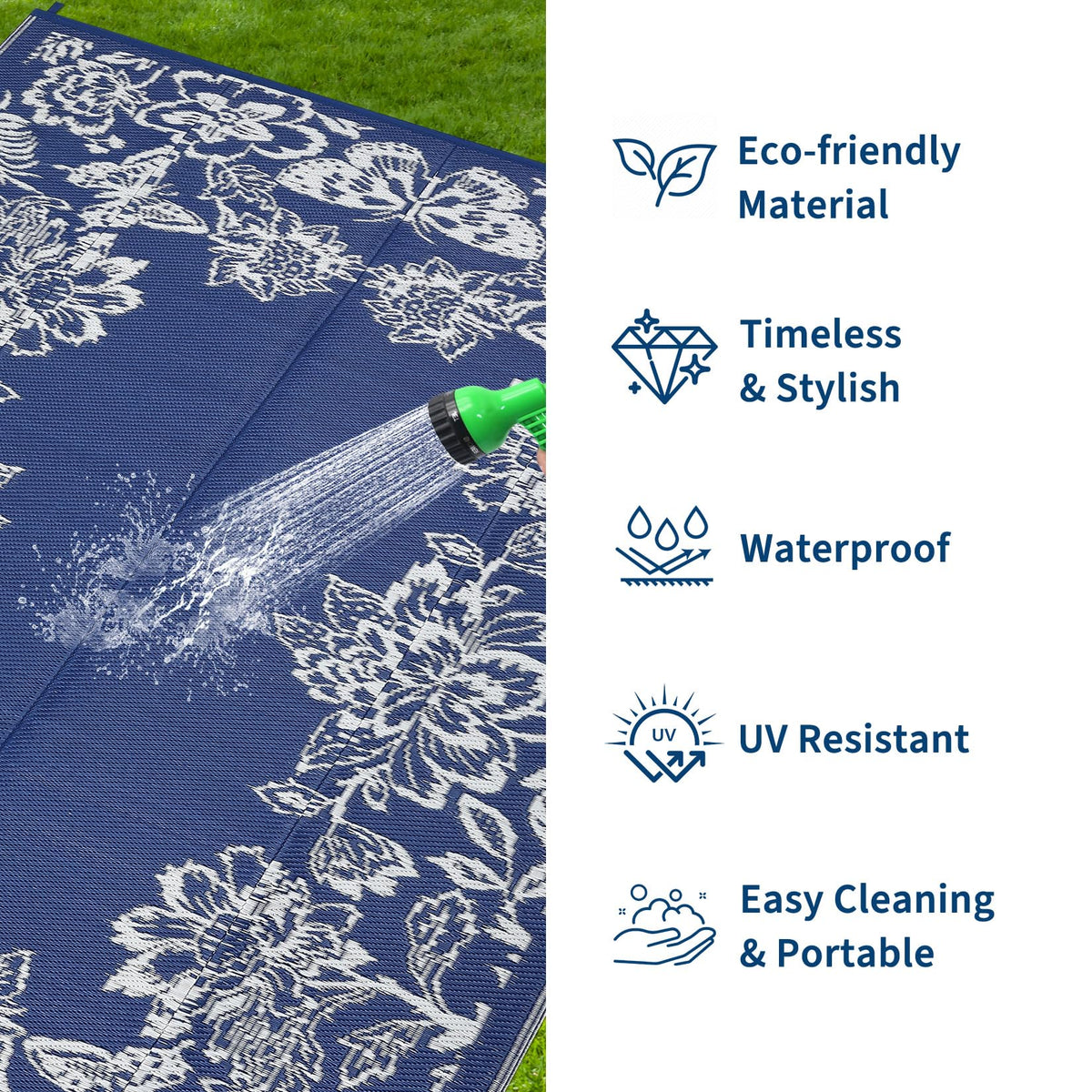 Garvee RV camping mat in navy and white, soft underfoot and quick-drying.