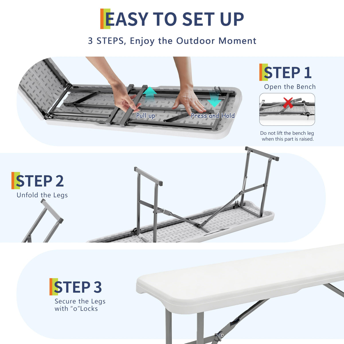 Garvee bench frame featuring safety lock, emphasizing stability and safety.