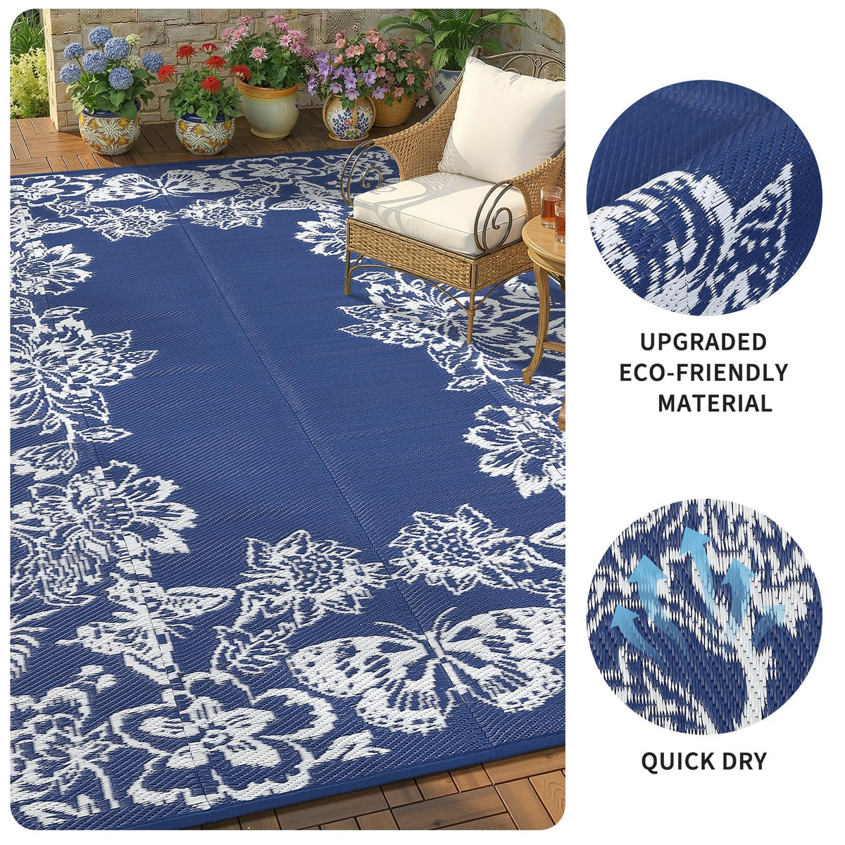 Garvee plastic straw rug near pool, stain-resistant and easy to rinse.