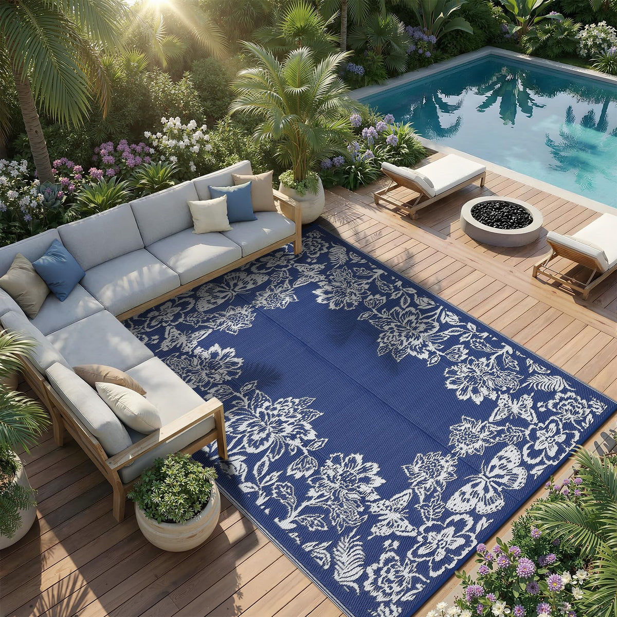 Garvee UV-shielded patio rug in navy and white, weather-ready year-round.
