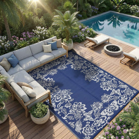 Garvee UV-shielded patio rug in navy and white, weather-ready year-round.