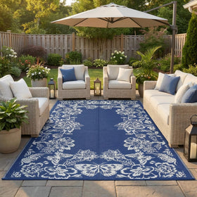 Garvee waterproof rug in navy and white for porch and deck.