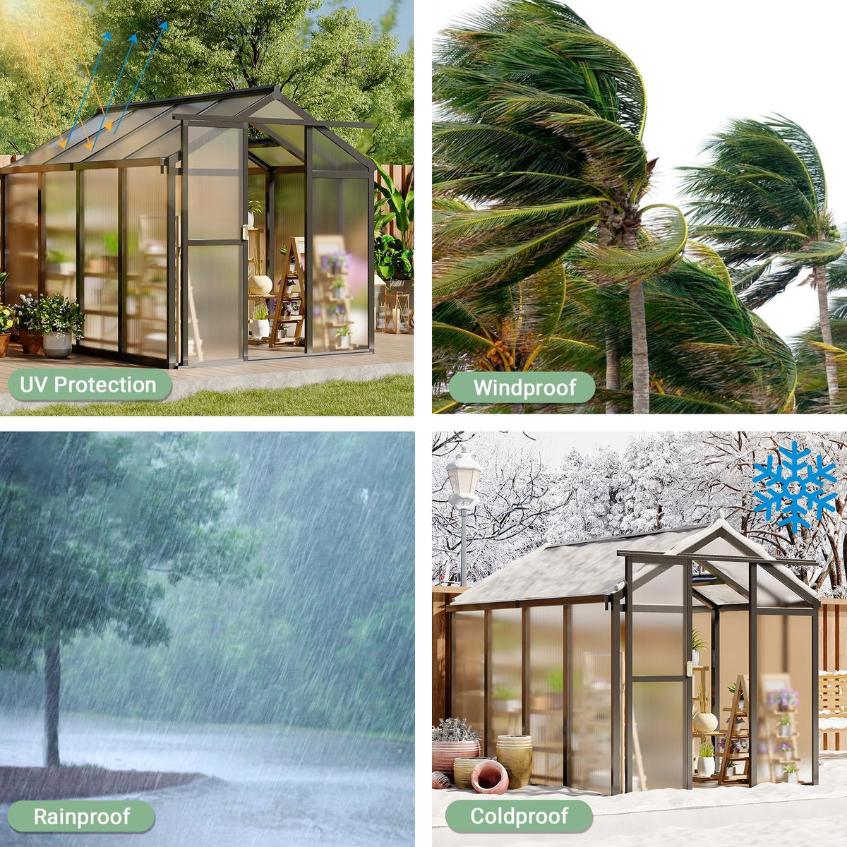 Dual rain gutters channel water away from walkways around the greenhouse