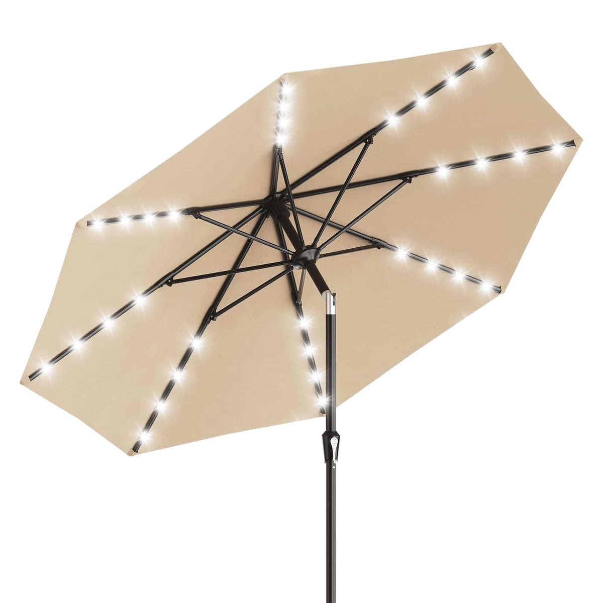 GarveeLife 10ft patio umbrella with solar lights extended canopy for ambient outdoor dining.