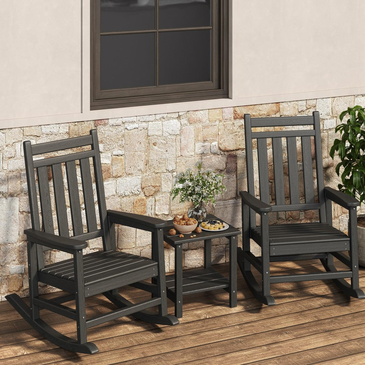 GarveeLife poly lumber rocking chairs with side table, ideal for outdoor lounging.
