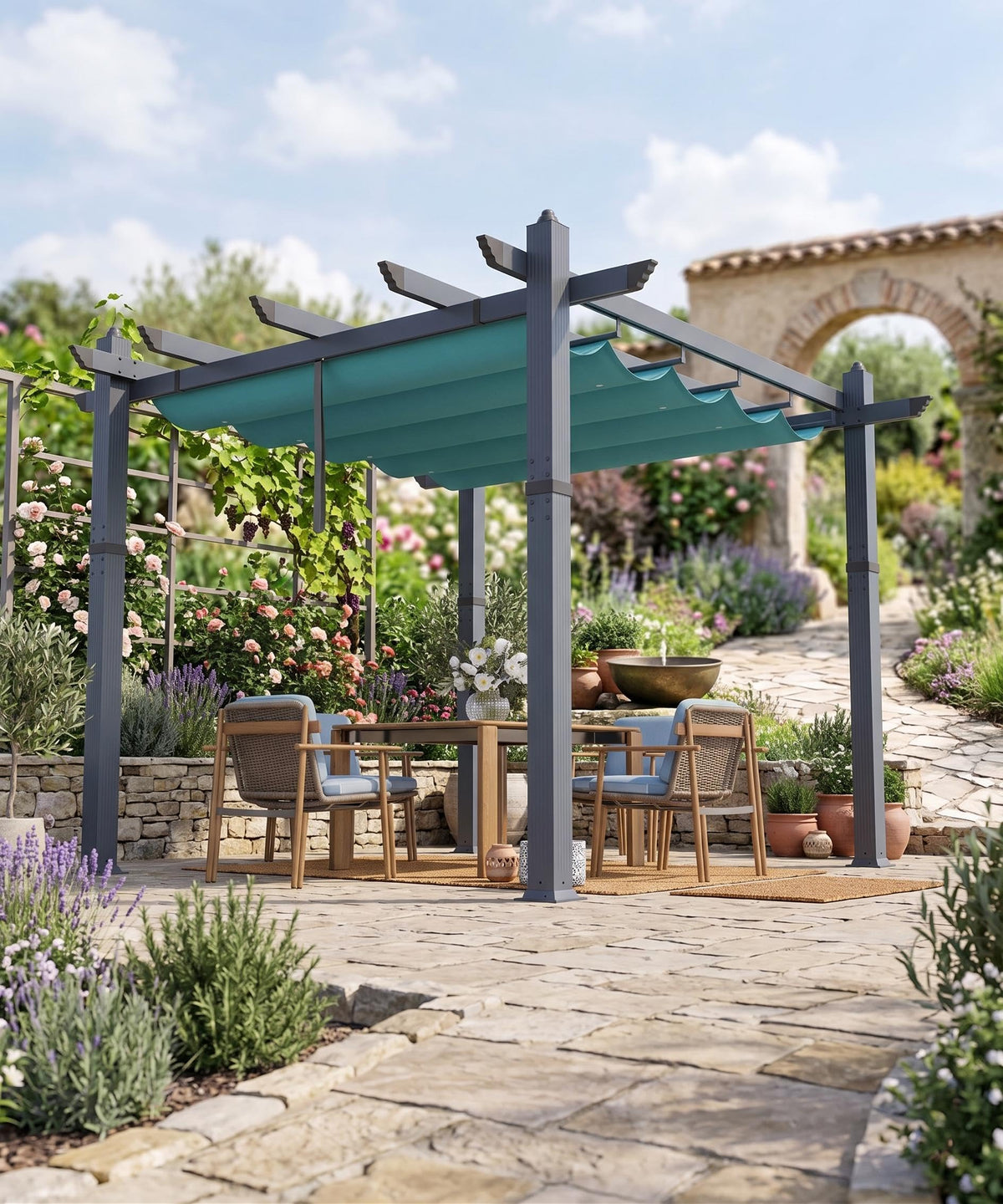 GarveeTech 10x10 pergola with blue and white finish over a spacious patio, ideal for entertaining.