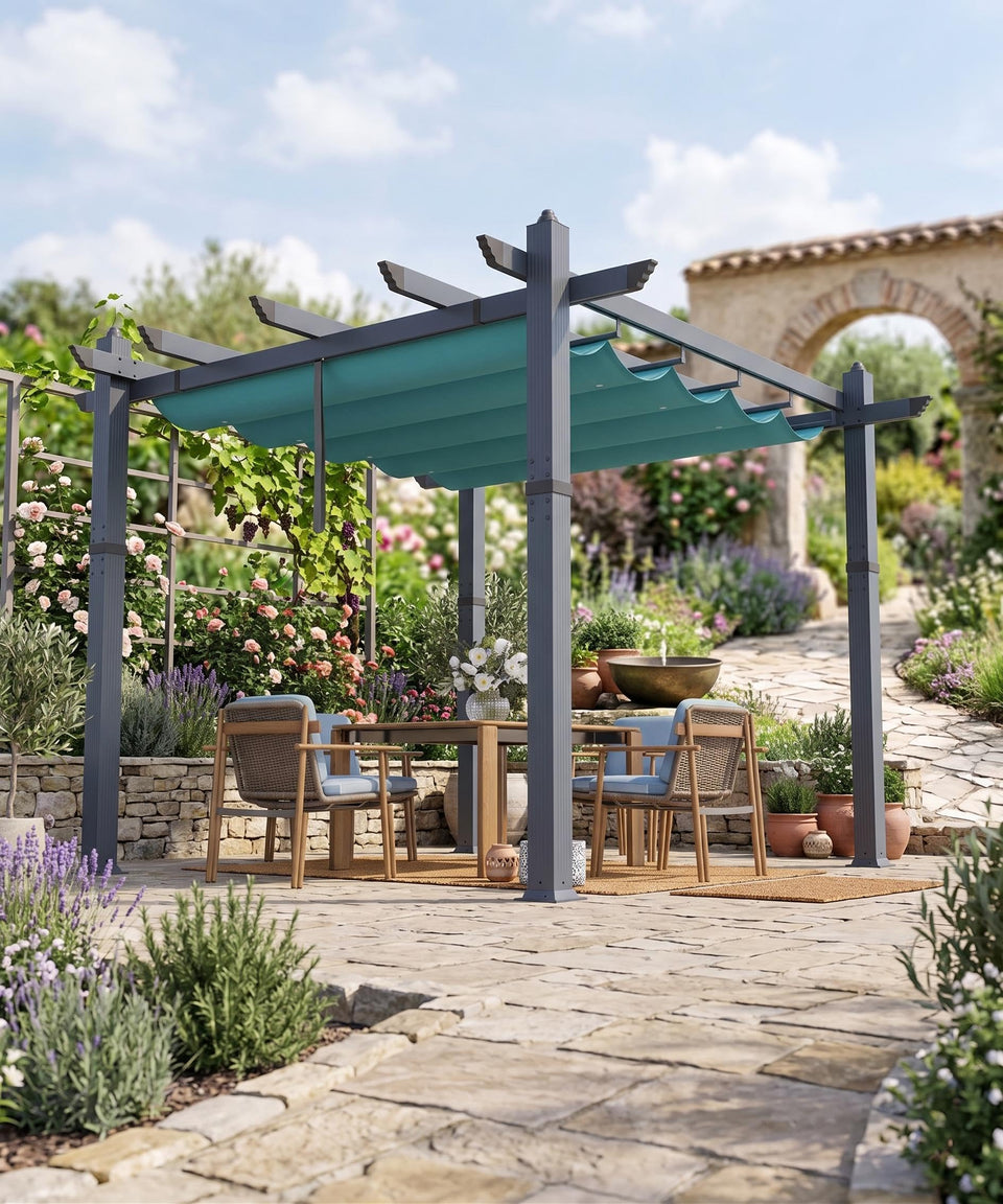 GarveeTech 10x10 pergola with blue and white finish over a spacious patio, ideal for entertaining.