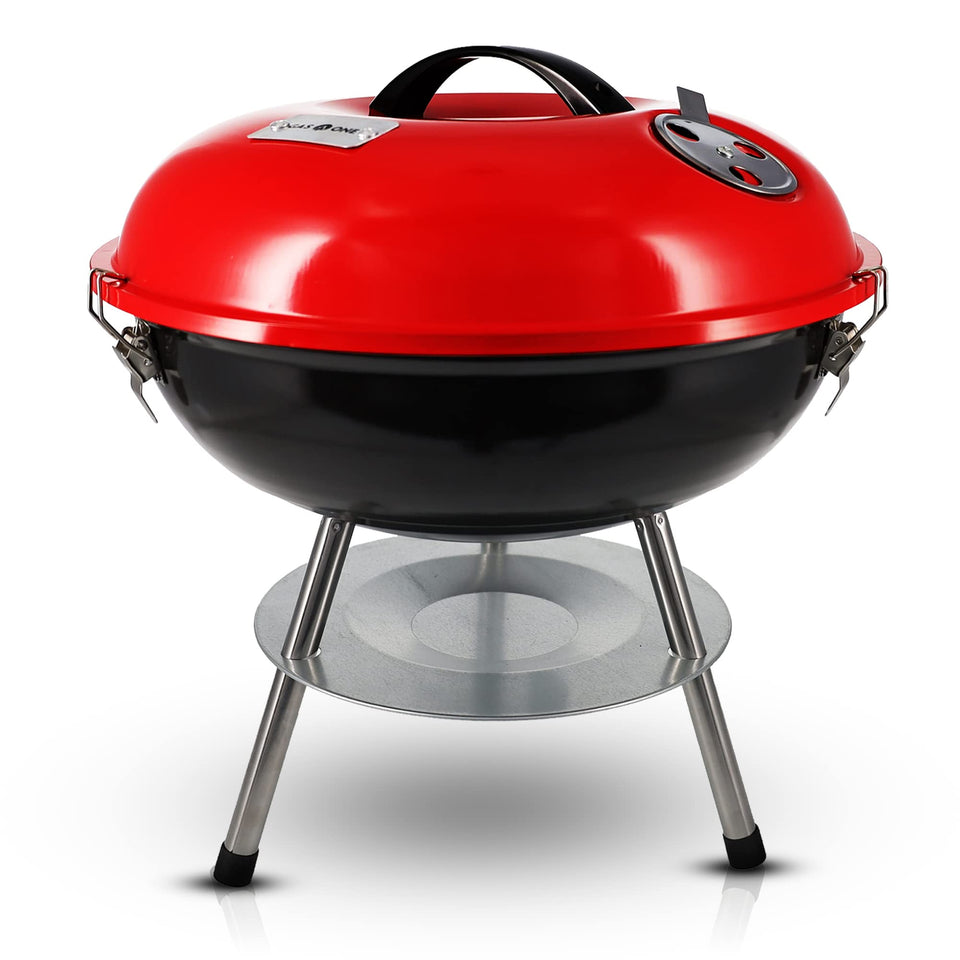 Gas One 14-inch grill cooking area lets you sear steaks evenly outdoors.