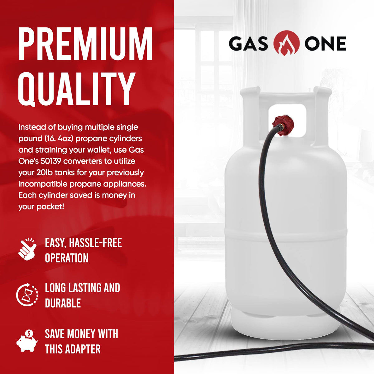 Gas One 4 ft propane hose highlights easy installation and use