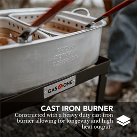 Gas One fryer with cast iron burner head delivering steady heat for frying.