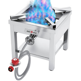 Gas One burner with durable stainless steel body for outdoor cooking.
