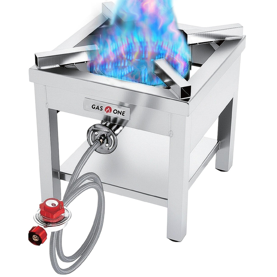 Gas One burner with durable stainless steel body for outdoor cooking.