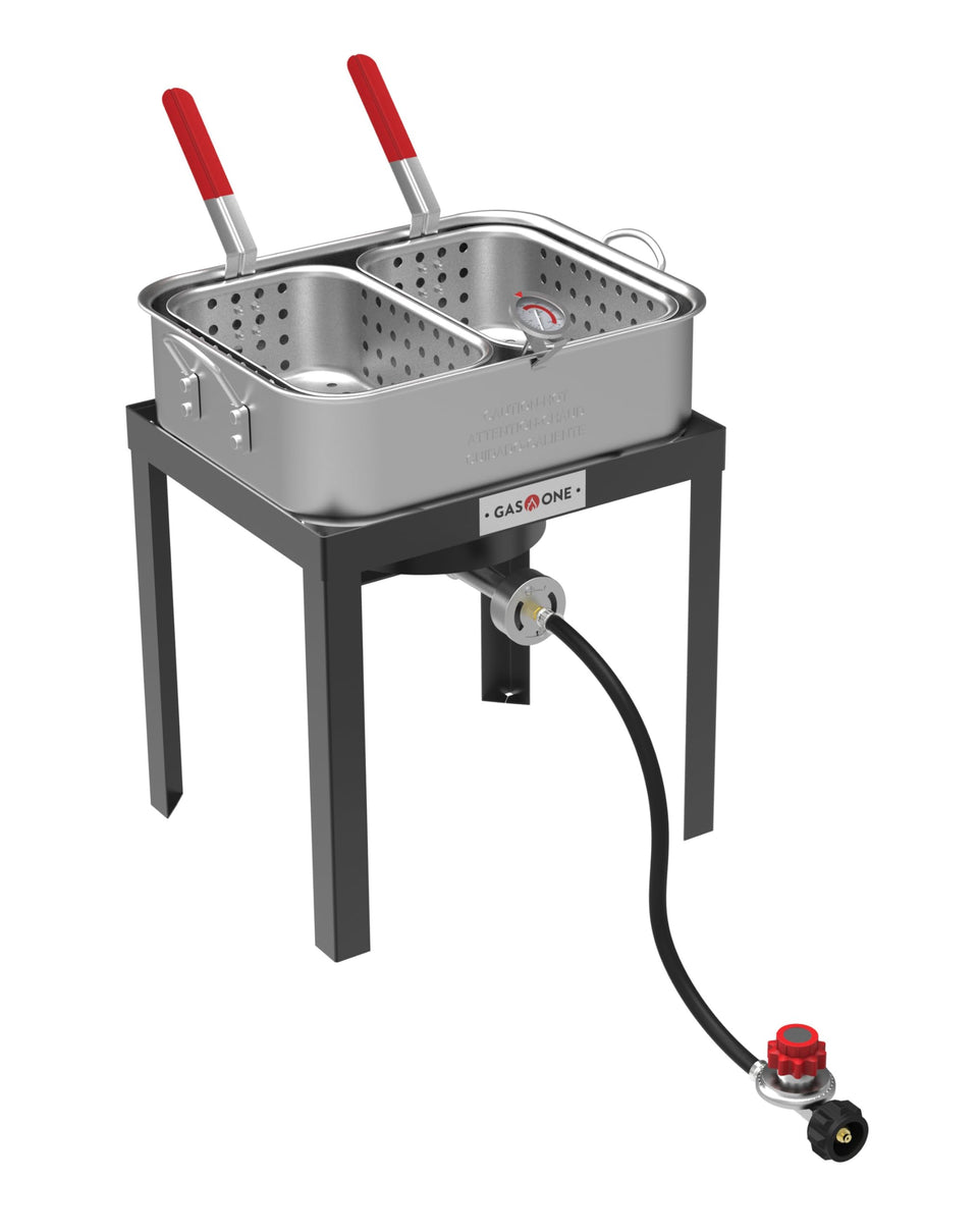 Gas One double fryer with 18qt aluminum pot in action for outdoor cooking versatility.