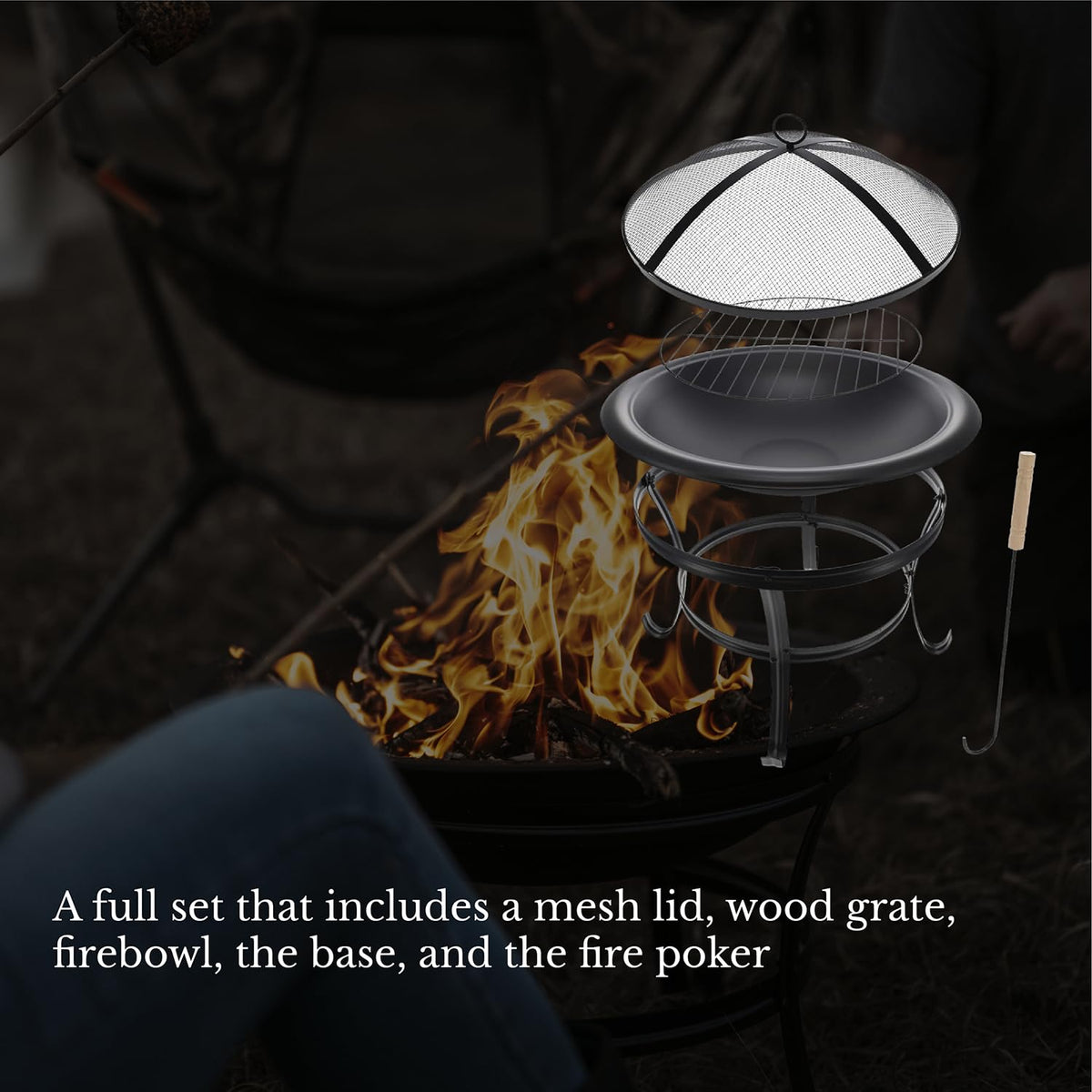 Gas One fire picker included for safe log handling during gatherings.