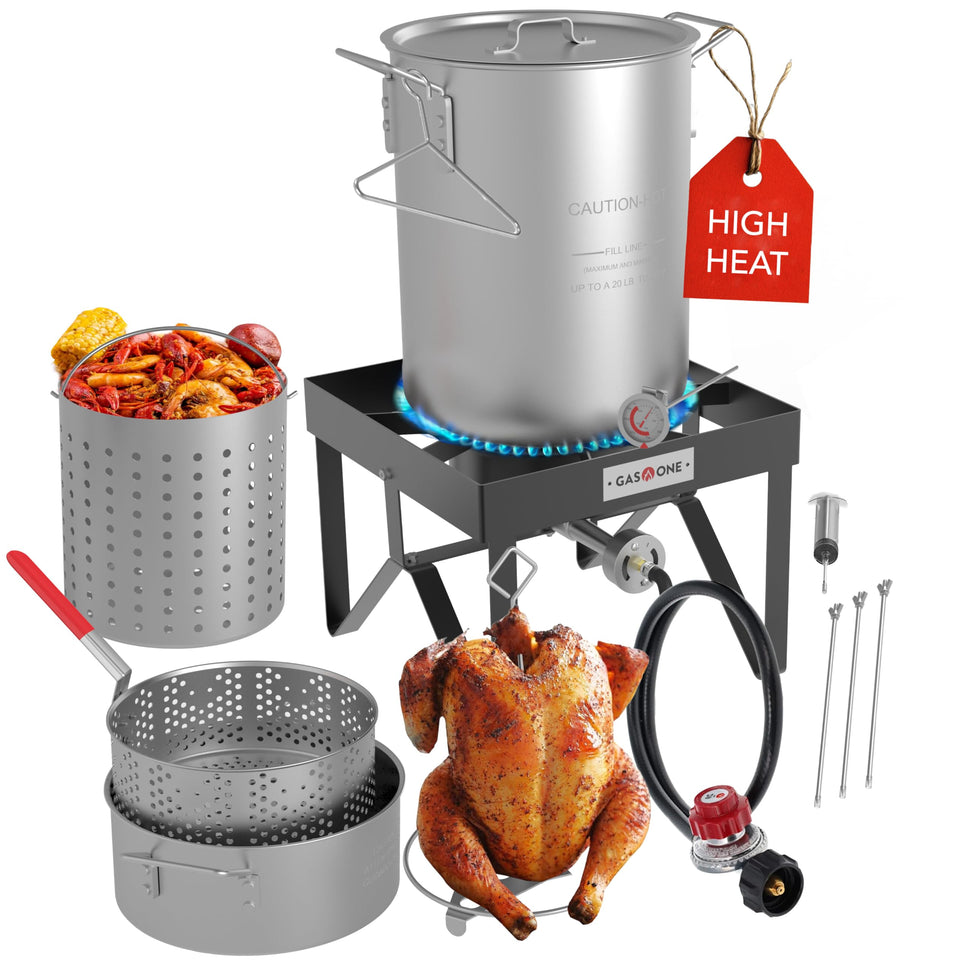 Gas One large turkey fryer set with burner and 30-quart stockpot for outdoor cooking.
