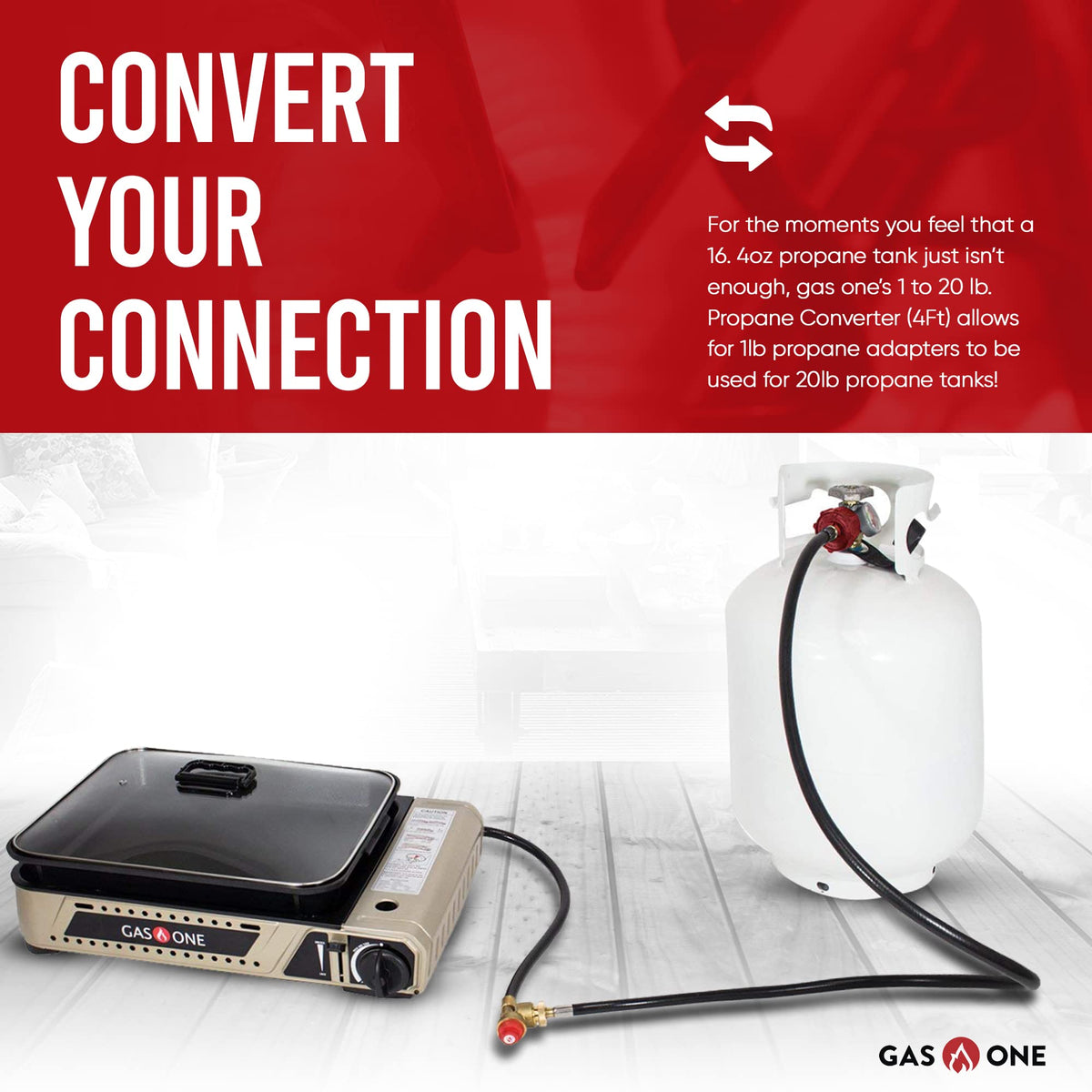 Gas One propane hose shows compatibility with 20 lb tanks
