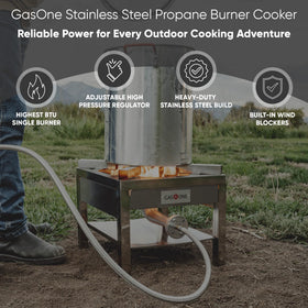 Regulator with steel braided hose enables precise heat control.