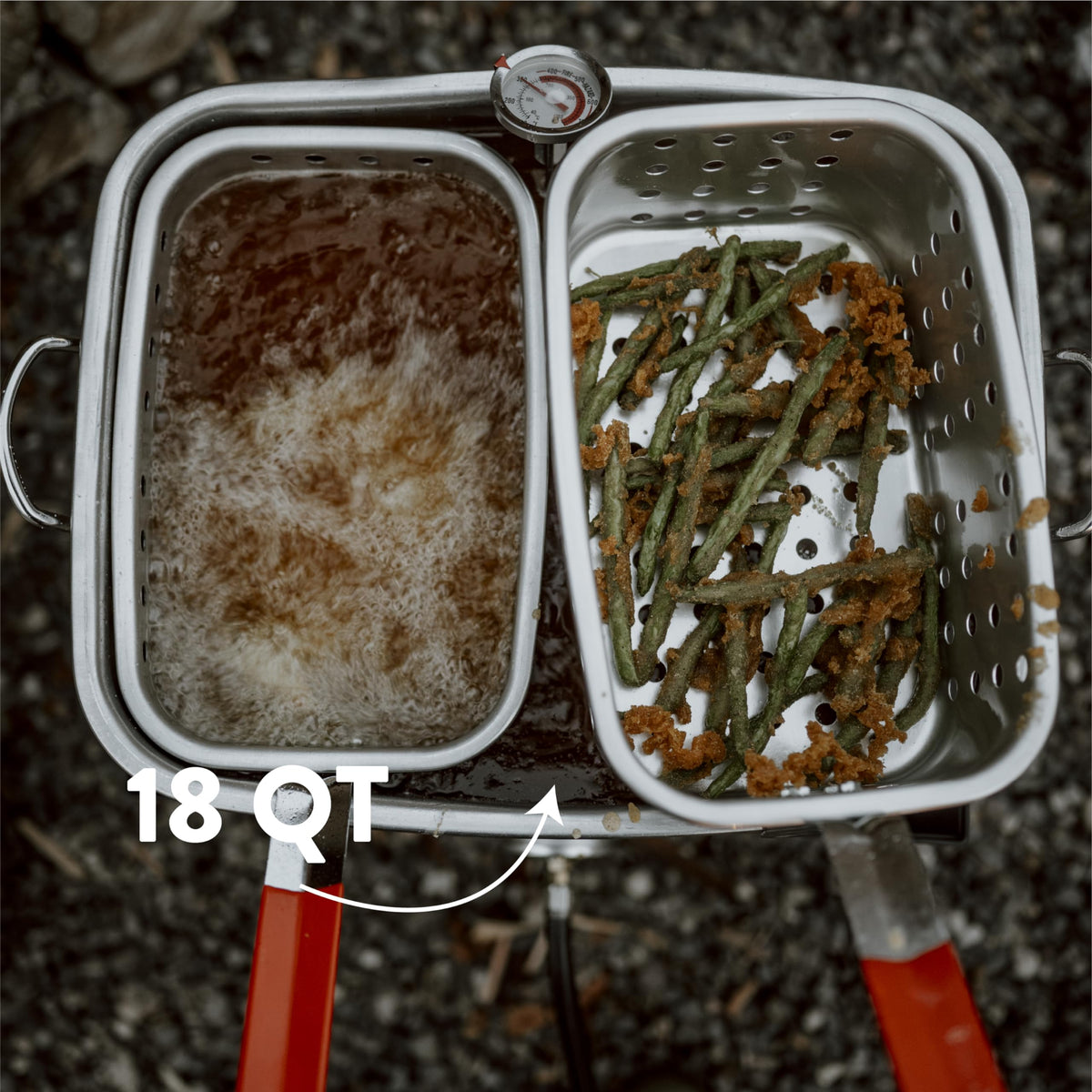 Gas One two-basket setup enabling simultaneous frying of different foods.