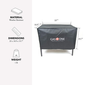 Gas One Two-Burner Patio Cover shows dimensions 33x18-9x19-7 for a secure fit.