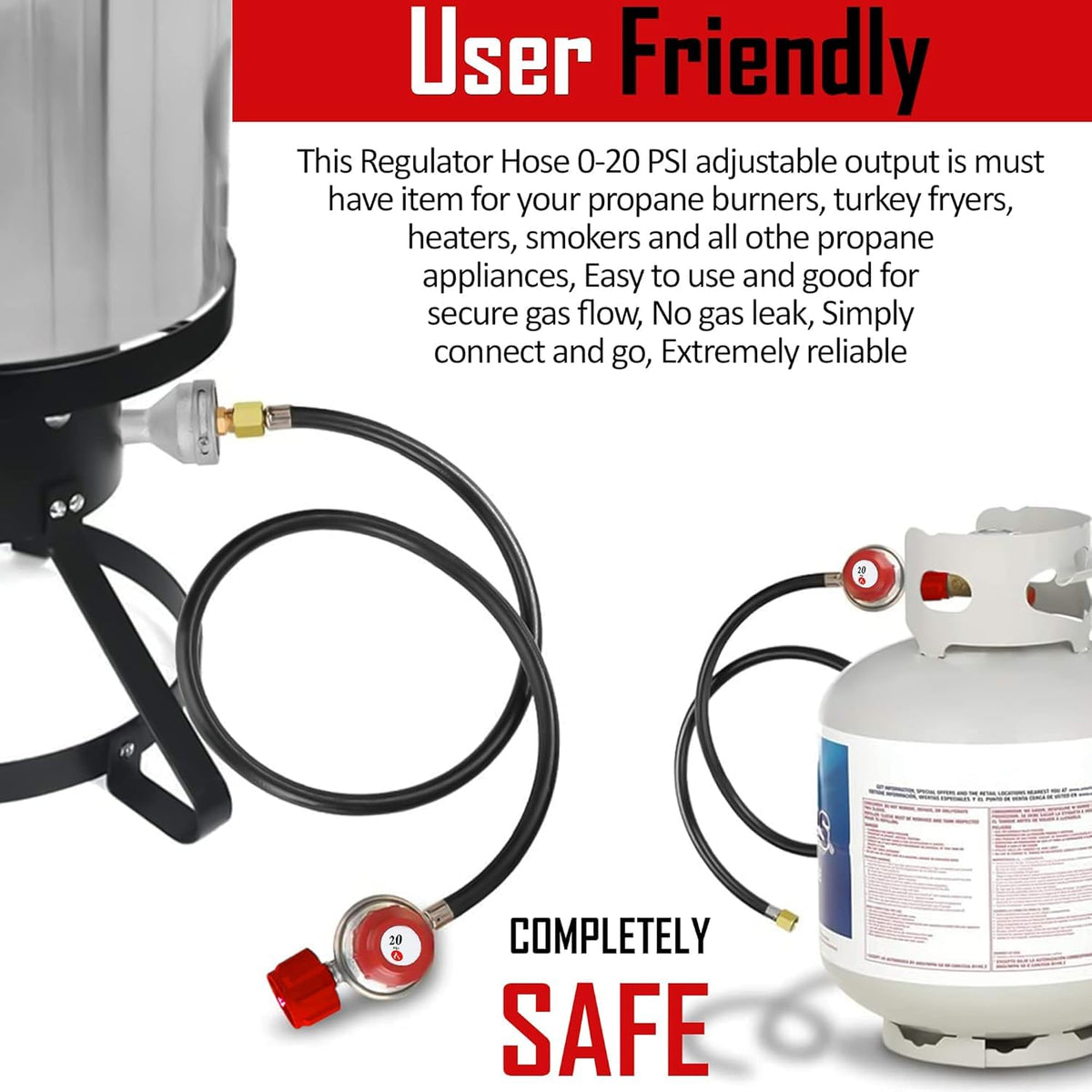 Gas One 2109-RED 4 ft hose in outdoor grill setup for cooking.