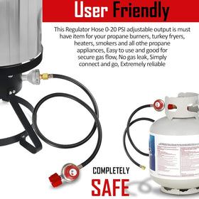 Gas One 2109-RED 4 ft hose in outdoor grill setup for cooking.