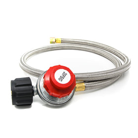Gas One 2113 regulator with 4 ft steel braided hose for secure high-pressure propane flow.