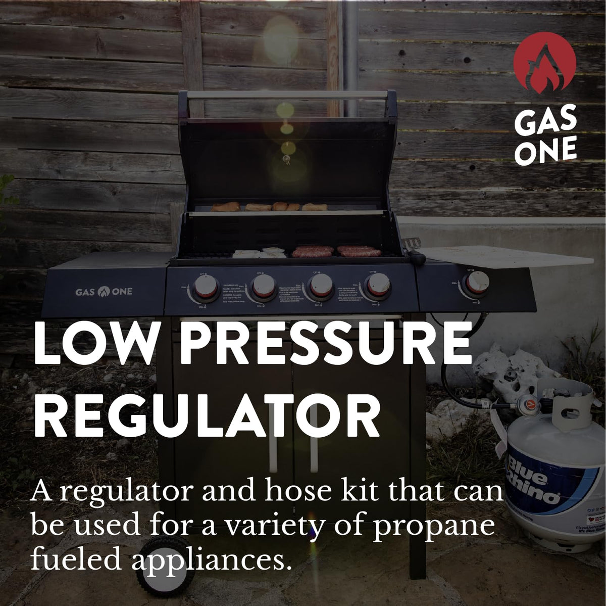 Gas One regulator connected to grill hose during use for reliable flow
