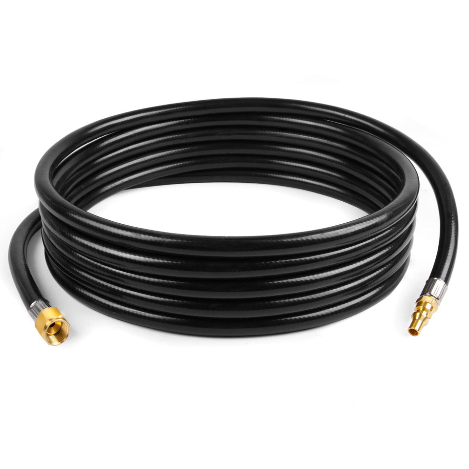GasPro 18 ft RV quick connect hose extends outdoor cooking space.